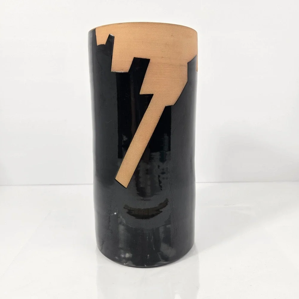 Chiminazzo Italy Postmodern Black Terracotta Geometric Cylinder Vase Signed